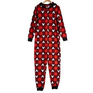 Disney 100 Mickey Mouse Buffalo Plaid Fleece Hooded Union Suit Pajamas Sz Medium